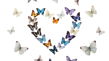 Colorful butterflies arranged in a heart shape on a transparent background nature