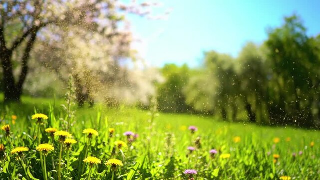 Pollen Catching Sunbeams Mid-shot of a quiet forest path or garden corner, with shafts of bright sunlight piercing through trees, illuminating countless