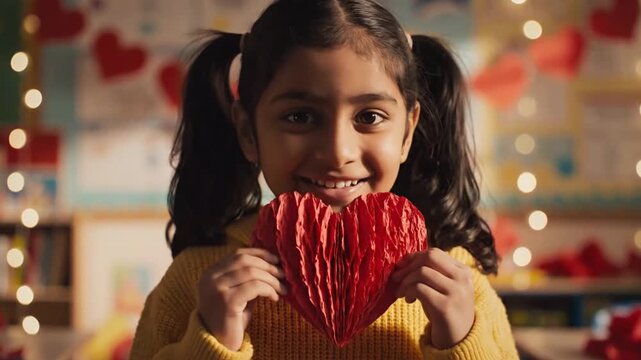 Joyful young girl celebrating love and kindness with a vibrant heart in a cozy