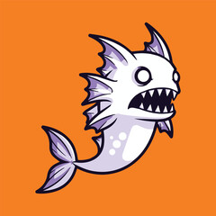 Vibrant cartoon illustration featuring a stylized white monster fish with menacing sharp teeth and spiky fins, a quirky aquatic creature ready to add a splash of spooky charm to any design