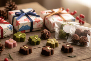 Macro shot of intricately crafted Japanese chocolates in decorative boxes, soft lighting highlighting textures and cozy Valentine atmosphere.