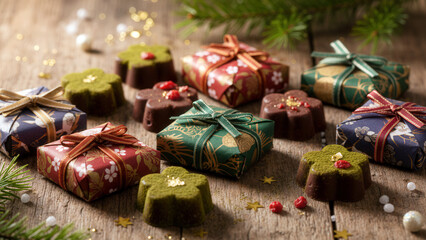 Close-up of delicate Japanese handmade chocolates in decorative boxes, soft light enhancing textures and warm Valentine's Day mood.