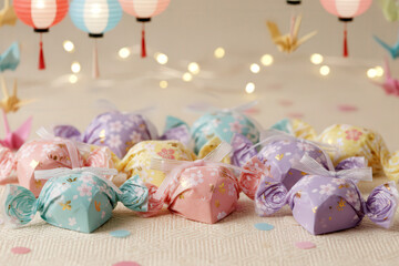 Macro shot of small Japanese chocolate hearts in pastel wrappers, emphasizing colors, textures, and Valentine's Day vibe.