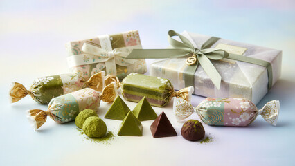 Assorted Japanese candies in wrappers and festive boxes. Sweets for Valentine's Day.