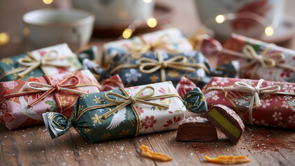 Close-up of assorted Japanese handmade chocolates arranged in elegant boxes, warm soft light emphasizing textures and festive Valentine mood.
