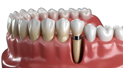 Dental crown implant on a set of teeth with a visible metal post and surrounding white teeth