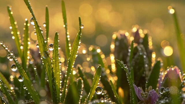 Ethereal Dawn Glow Focusing on the soft, magical light interacting with the dew at sunrise. spring dew sparkle