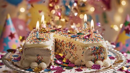 A delightful birthday celebration featuring a beautifully decorated cake with lit candles and colorful sprinkles surrounded by festive confetti and sparkling party lights creating a joyful and memora.
