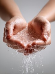 Fototapeta premium Cupped human hands gently hold frothy soap and clean running water as the refreshing liquid streams downward creating a clear visual representation of personal hygiene awareness.