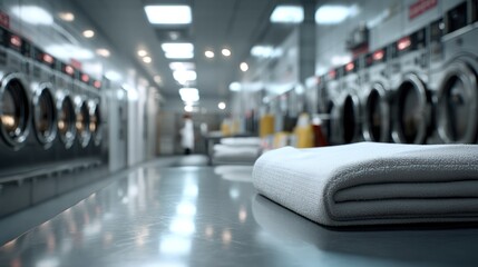 White towel on counter in commercial laundry facility, copy space