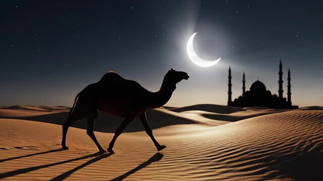A camel traversing the spiritual desert sands under a dramatic silhouette of a mosque and crescent moon at night.