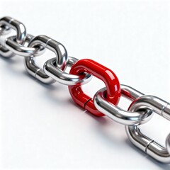 Obraz premium 3D illustration of a metallic chain with one distinct red link symbolizing a weak point or break in the system.