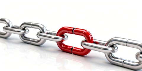 Obraz premium Realistic 3D illustration of a metallic chain with one distinct red link symbolizing a weak point or break in the system.