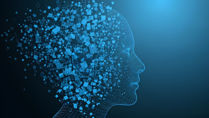 Futuristic human head with digital data exploding from brain