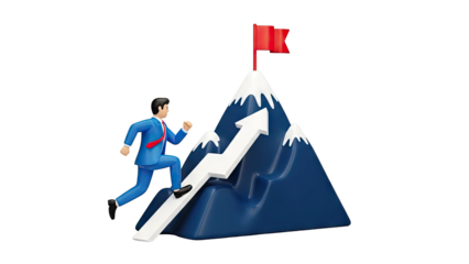Businessman climbing mountain with growth arrow towards flag on peak