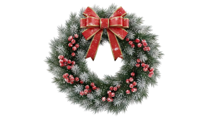 Frosted Christmas Wreath with Red Berries and Gold-Trimmed Bow