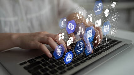 Translation icons show international languages, interpretation, and communication. Translation helps global business, translation supports learning, and translation improves cultural exchange. Entice