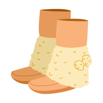 Cream pom-pom textured ankle boot women flat pair. Quilted surface with pom-pom trim for ski snowy warm. Technical fashion illustration CAD mockup refined vector men unisex isolated modern style.