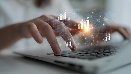 Visualization of global economic growth and stock market data. Financial chart analysis shows international business performance and investment opportunities in the world market. Fermion