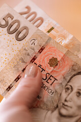 Five hundred Czech crown banknotes close-up. Monetary currency of the Czech Republic. currency of the country is the Czech Republic. Hands count Czech money. Cash crown banknotes close-up. 