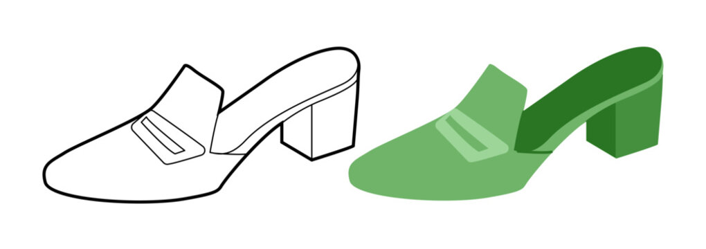 Green loafer mule shoe women flat plus line set. Slip on block heel shoe for travel, everyday capsule outfit. Technical fashion illustration, CAD mockup, mixed vector men unisex isolated chic style.
