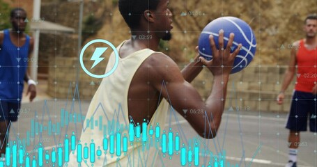 Holding blue basketball, center aiming shot at outdoor court in yellow tank, showing data overlay