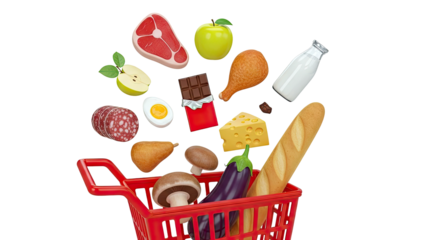 Grocery Shopping Cart with Assorted Food Items