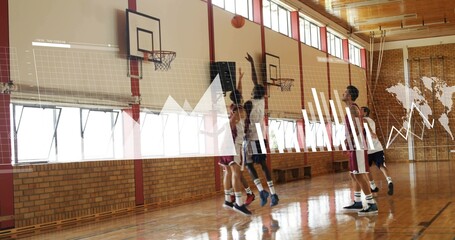 Contesting five players in jerseys jumping near hoop in school gym with ball, data overlays