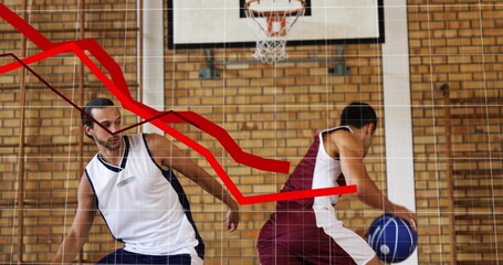 Contesting two players wearing sleeveless-jerseys vying for ball in gym with red-line graph overlay