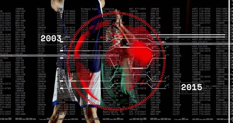 Walking basketball teammates wearing green and white jerseys on studio set, with red HUD 2003 2015