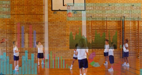 Coaching teacher guiding seven kids in white tees navy shorts at school gym, with tablet chart