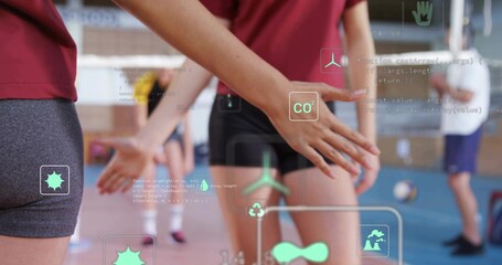 Stretching teen in maroon top reaching right arm on gym court, with volleyball and AR overlays
