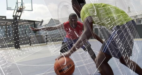 Dribbling man in lime-green t-shirt handling orange basketball on outdoor court, with data overlays