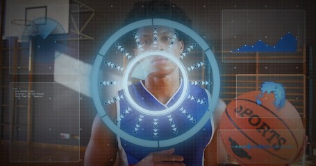 Standing basketball player wearing blue jersey holding SPORTS basketball on gym court, with AR HUD