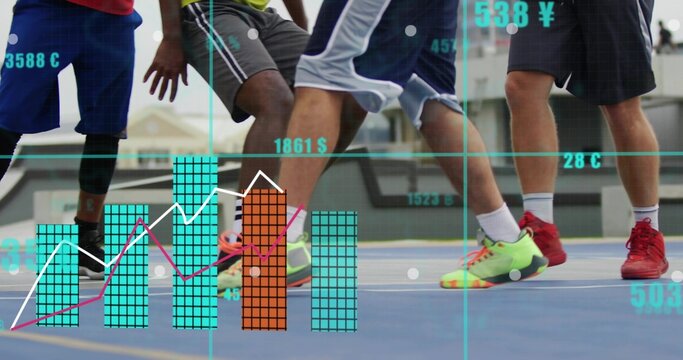 Pivoting players' legs doing footwork on blue court, wearing crew socks, neon shoes, data overlays