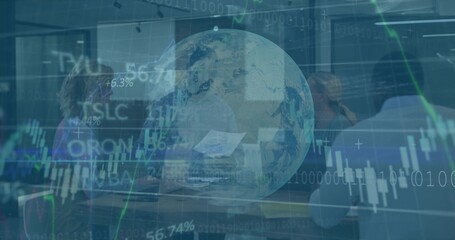 Overlaying globe and market charts over meeting room, colleagues in suits using laptops