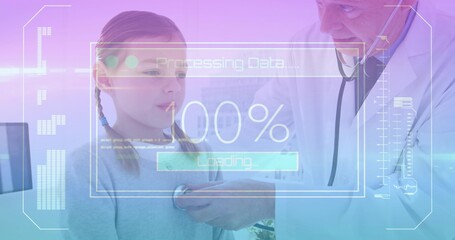 Listening doctor wearing lab coat placing stethoscope on child chest in clinic, monitor HUD overlay