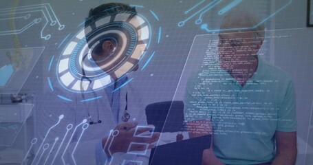 Consulting doctor in coat with stethoscope, patient in green polo viewing tablet in clinic with HUD