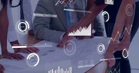 Leaning three professionals in suit, sleeveless dress pointing to plan in office, HUD overlays