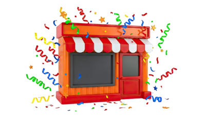 3D Rendered Storefront with Confetti and Streamers