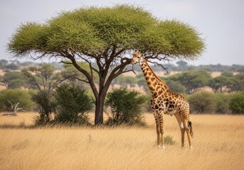 Obraz premium A tall giraffe stands in the dry savanna landscape under a large acacia tree, with sparse vegetation and a hazy sky in the background