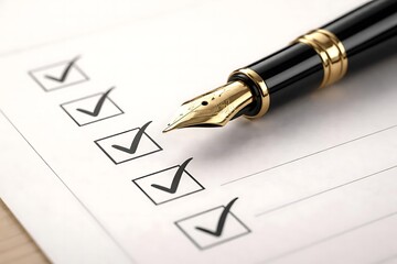 Checklist with Fountain Pen &ndash; Business Approval, Task Completion, and Professional Documentation Concept