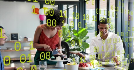 Cutting woman in red polka-dot top slicing Farewell cake in breakroom, binary overlay