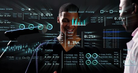 Smiling central man in dark jacket studying AR financial dashboards in boardroom, with tablet