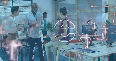 Talking three coworkers wearing shirts and blazer in open office, with monitors and digital overlay