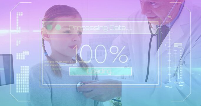 Listening doctor wearing lab coat placing stethoscope on child chest in clinic, monitor HUD overlay - Powered by Adobe