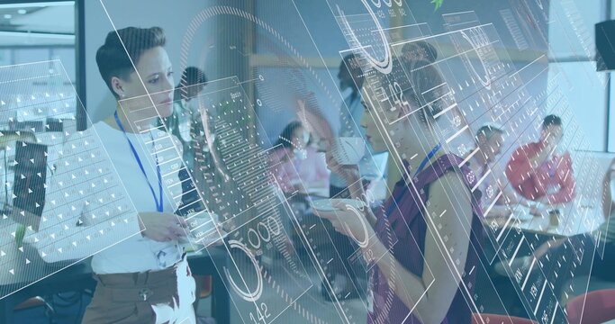 Discussing two presenters standing and talking in modern conference room, HUD overlay, lanyards - Powered by Adobe