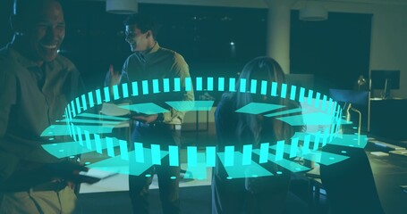 Projecting cyan circular interface above meeting table in dim office, team wearing business attire