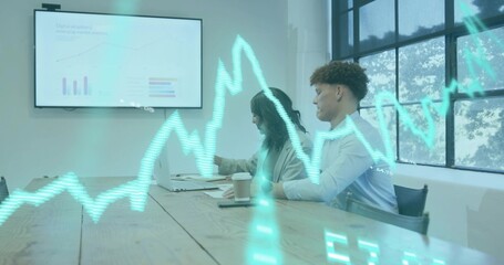 Working team analyzing laptop charts at table, in office attire with wall screen and teal overlay