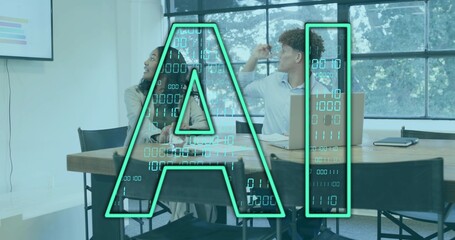 Dominating neon AI graphic overlaying office table, woman blazer left, man shirt laptop right